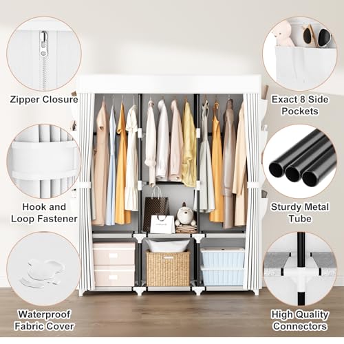 Portable Closet with Cover, 3 Hanging Rods and Side Pocket, Sturdy Free Standing Closet, White - color: White, size: 3 Row - 49.2'' Wide