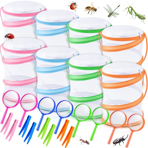 8 Sets Mini Butterfly Cage for Kids with Magnifier and Tweezer Butterfly Catching Kit Outdoor Explorer Kit Butterfly Habitat Net Insect Mesh Cages Butterfly Enclosure Bug Pop Terrarium up