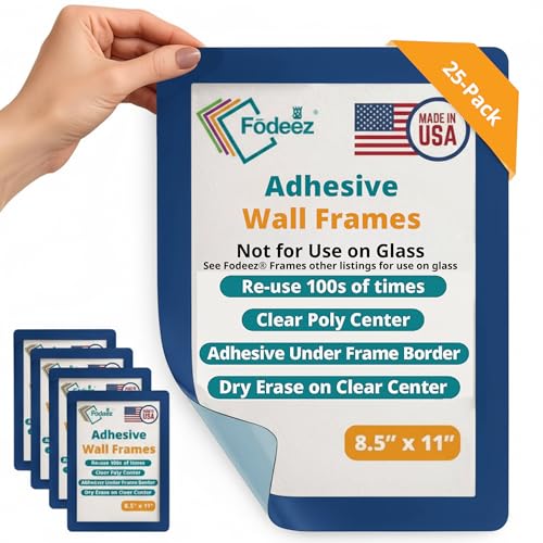 8.5 x 11 Adhesive Wall Frames - Peel & Stick Picture Frames, Wall Sign Holder, Paper & Letter Protector Sheets, Reusable Picture Frame, Dry Erase, Non Magnetic & Non Acryclic - Blue, Pack of 25 - color: Blue 25