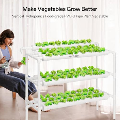 VIVOSUN Hydroponics Growing System 90 Plant Sites, 3 Layers 10 Food-Grade PVC-U Pipes Hydroponic Gardening System Grow Kit with Water Pump, Pump Timer, Nest Basket and Sponge for Leafy Vegetables - size: 90