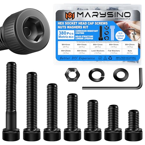 380 Pieces M4 Bolts, Hex Socket Head Cap Metric Screws Assortment Kit, M4 Screws and Washers/Nuts/Hex Wrenches, Black Oxided Carbon Steel Assorted Screws - color: Black, size: 380Pcs M4