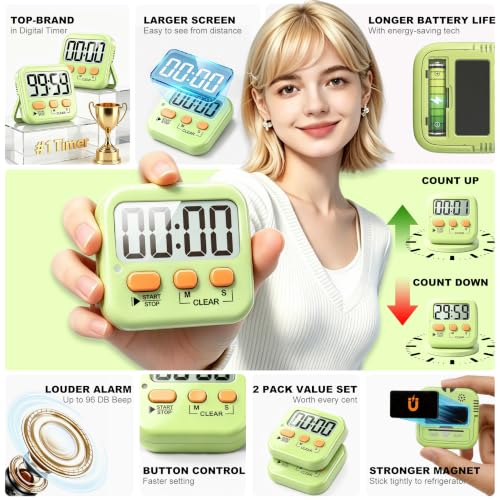 Antonki 2 Pack Digital Timer for Kids Classroom Kitchen Timers for Cooking - color: Light Green