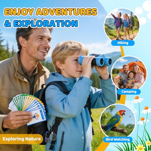 8x21 Kids Binoculars with 25 Scavenger Hunt Cards, Camping Toys for Boys Girls Ages 4-6-8-12 Outdoor Explorer Kit with Compass|Magnifying Glass, 3-12 Year Old Boy Bird Watching Hiking Birthday Gift - color: Blue