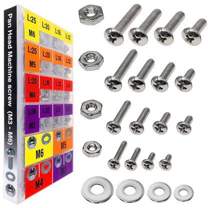 EEEEE 901pcs Phillips Pan Head Metric M3 M4 M5 M6, Machine Screw Assortment Kit Assorted Screws 304 Stainless Steel and Nut Set Flat Washers Nuts Hardware with Snap Lock Case - size: Metric Pan Head Silver Machine Screw