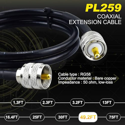 RG58 Coaxial Cable 49.2FT, PL259 Male to Male Coaxial 50 Ohm Coax - color: 1-Pack PL259 Cable, size: 49.2ft