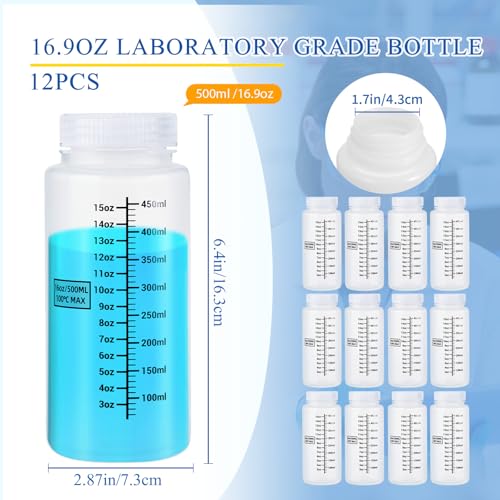 Tatuo 12 Pcs 16oz 500 ml Plastic Sample Bottles with Screw Cap, Liquid Containers with Lid for Lab Reagent Sample Medicine Pill Water Storage, Travel Bottles(Translucent,Wide Mouth-Dark Scale) - color: Translucent, size: 16 oz 500 ml, style: Wide Mouth-da