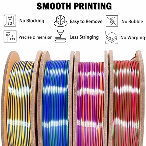PLA Filament 1.75mm, Tri-Colors 3D Printer Filament, Rainbow PLA Filament Bundle, Coextrusion 3D Filament with Silk PLA Color Change, 3D Printing Filament +/-0.02mm, 200g X 4 Spool - color: Red Gold Blue Green Orange