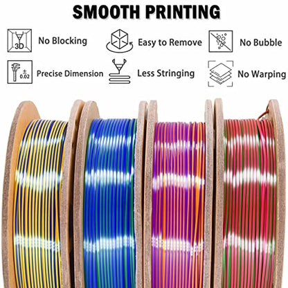 PLA Filament 1.75mm, Tri-Colors 3D Printer Filament, Rainbow PLA Filament Bundle, Coextrusion 3D Filament with Silk PLA Color Change, 3D Printing Filament +/-0.02mm, 200g X 4 Spool - color: Red Gold Blue Green Orange