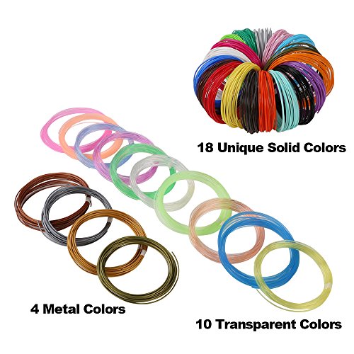 MIKA3D 32 Colors 3D Pen PLA Filament Refills, Each Color 10 Feet, Total 320 feet, Pack with 4 Finger Caps - color: Pla Metallic, Transparent and Solid - 32 Colors