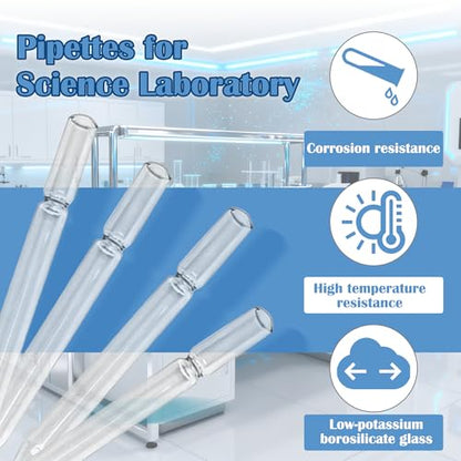 5-3/4 Inch Pasteur Pipettes, 250 Pcs Disposable Borosilicate Glass Pipettes