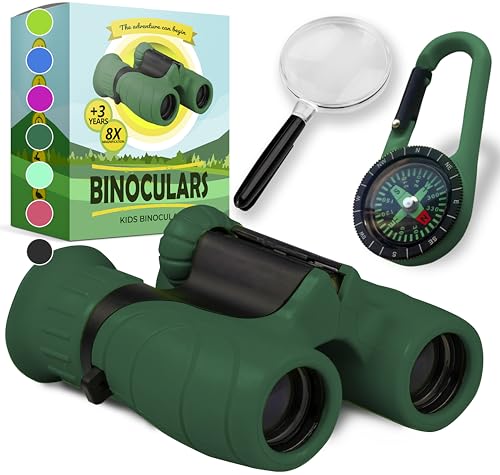 Binoculars for Kids – Perfect Toy for Little Boys and Girls – Extensive Set Incl. Magnifying Glass & Compass – Powerful Magnification 8X21 – 3 to 12 Year Old Kids for Toddler - color: Dark Green