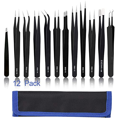 BOENFU Precision Tweezers Set 12 PCS Electronic Tweezers ESD 11, 12, 13, 15, 17 Pointed Tip Tweezers Kit for Electronics,Soldering, Craft, Jewelry, Ingrown, Eyelash