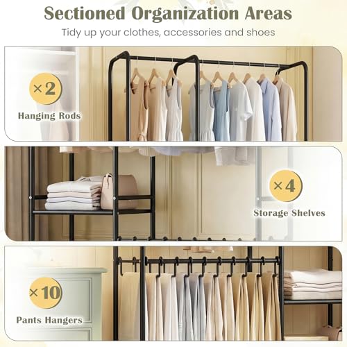 GIANTEX Clothes Rack with Pants Hangers, Heavy-Duty Metal Clothing Rack with 2 Hanging Rods & 4 Storage Shelves, Freestanding Garment Racks, Closet Organizer for Bedroom, Cloakroom (Black) - color: Black