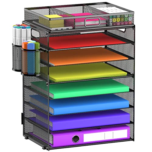 8 Tier Paper Letter Tray Organizer (Black-with Drawer,Pen Holders) - color: Black-with Drawer,pen Holders