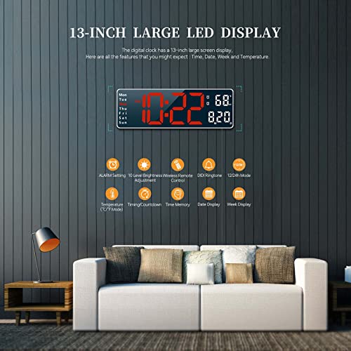 Digital Clock, Digital Wall Clock for Living Room Decor, Desk Alarm Clock for Bedroom, Large Wall Clock with Remote Control, Automatic Brightness Dimmer LED Clock with Date Temperature Week (Red-W) - color: White Case+red Digit