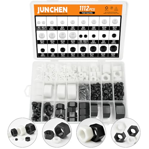 M2-M20 Black&White Nylon Hex Nut Assortment Kit Metric Thread Hexagonnuts,1112pcs Nylon Hardware Nut Set,Nuts for Plastic Screw Standoff Spacer for PCB Board M2M2.5M3M4M5M6M8M10M12M14M16M18M20