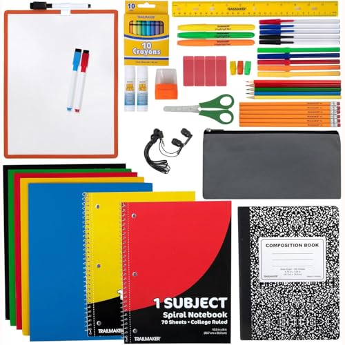 Trail maker Back to School Supplies 60 Piece Bundle Kit for Girls, Boys, Kids, Back to School Supply Box Set Includes Notebooks, Folders, Composition Book, Headphones, Ruler, and More