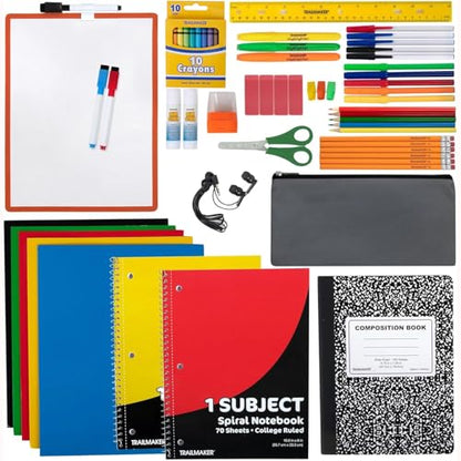 Trail maker Back to School Supplies 60 Piece Bundle Kit for Girls, Boys, Kids, Back to School Supply Box Set Includes Notebooks, Folders, Composition Book, Headphones, Ruler, and More