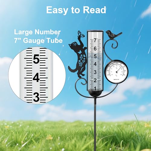 shumi Rain Gauge Outdoor with Thermometer, Decorative Cat Rain Gauge - color: Black Cat