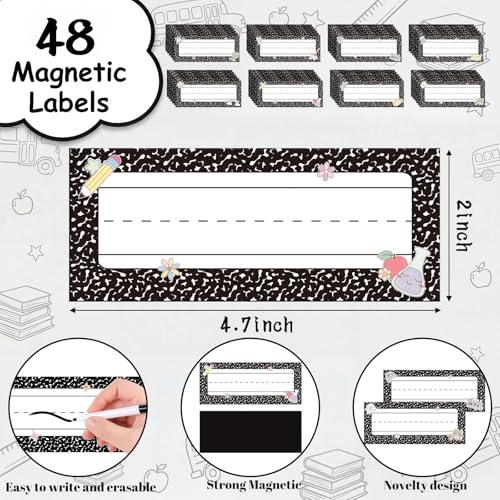 Gueevin 48 Pcs Magnetic Name Tags for Classroom, Composition Notebook Style