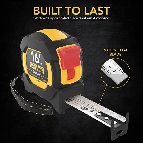 LEXIVON [2-Pack] 16Ft/5m DuaLock Tape Measure | 1-Inch Wide Blade with Nylon Coating, Matt Finish White & Yellow Dual Sided Rule Print | Ft/Inch/Fractions/Metric (LX-208) - size: 16 ft / 5 m (pack of 2)