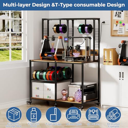 Dual 3D Printer Stand with Filament Storage Workstation Heavy Duty Mobile 3D Printer Table Workbench T-Shaped Spools Holder Rack - color: Black-3