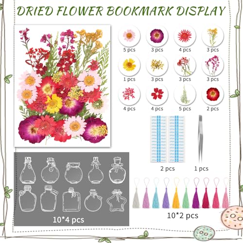 Bookmark Making Kit, Kaluofan 103PCS Transparent Dried Flower Bookmark Kit for School, Come with Dried Flowers Tassels and Tweezer - color: L000, size: 100PCS