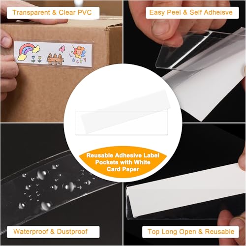 40 PCS Index Card Pockets, Self Adhesive Card Pockets with Top Open, Clear Label Pockets for Storage Bins, Plastic Labels Holders for Organizing, Loading, Drawer,Library Card, Totes, Shelves (1“X4) - size: 1“X4"