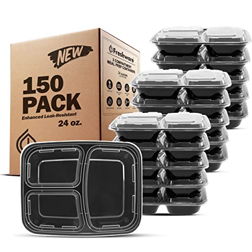 Freshware Meal Prep Containers [150 Pack] 3 Compartment with Lids, Food Storage Containers, Bento Box, BPA Free, Stackable, Microwave/Dishwasher/Freezer Safe (24 oz) - size: 24OZ-150PK