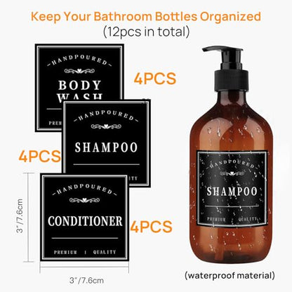 HVSWLY 12PCS Bathroom Labels for Soap Dispenser, Removable Bathroom Organization Labels, Waterproof Bottle Labels for Shampoo Conditioner Body Wash (Black) - size: 3"X3"