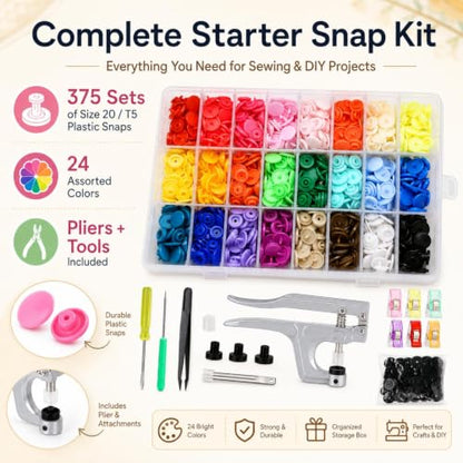 LIHAO Snap Button Kit with Pliers, 375 T5 Plastic Snaps, 24 Colors