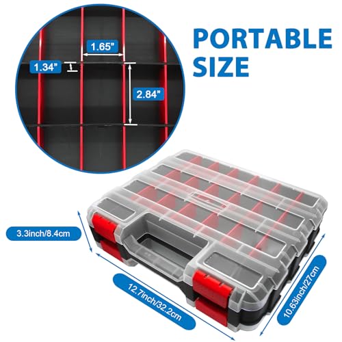Double Side Tool Box Organizer, Hardware Storage Box, Portable Small Parts Organizer with Removable Plastic Dividers for Screws, Nuts, Nails, Bolts (Red) - color: Red