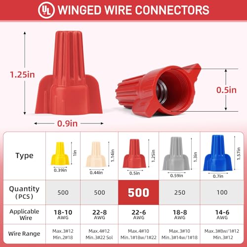 500 Pcs Red Wire Connectors Nuts, Winged UL Listed Wire Caps - color: Winged Red-500PCS