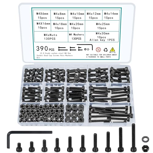 390 Pcs M4 Screws Set, M4 Bolts and Nuts Assortment Kit, Hex Socket Head Cap Screws and Washers, Assorted Nuts and Bolts, Machine Metric Screw Assortment Set - size: M4