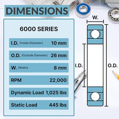 PGN 6000-2RS (100 Pack) Ball Bearing 10x26x8mm Chrome Steel Sealed - size: 100