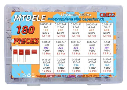 180 Pcs 15 Values Metallized Film Capacitor Kit