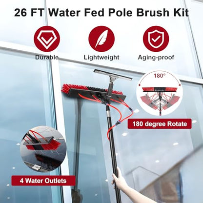 26ft Long Reach Solar Panel Cleaning Kit - Aluminum Extendable Water Fed Pole, 22in Wide Brush & Squeegee, Bendable Dusting Brush - Outdoor Window Washing Equipment Tool - color: 26ft, size: Large