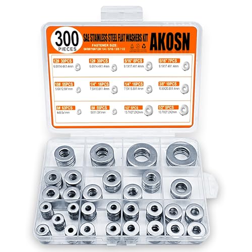 Stainless Steel Flat Washers Assortment Kit, SAE 304, 300-Piece Metal Screw Washers Set for Bolts, 8 Sizes #6; #10; #12; 1/4"; 5/16"; 3/8"; 1/2" - size: Stainless Steel - 300Pcs