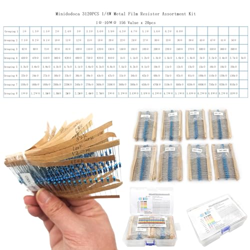 3120pcs 156 Values Metal Film Resistor Kit Minidodoca 1 Ohm-10M Ohm 1/4W 0.25 watt ±1% Tolerance Fixed Resistors Assortment Kit RoHS Compliant 100 1000 1k 10k 100k ohm Resistor Pack for DIY Projects - style: 1/4 watt-156 values-3120pcs