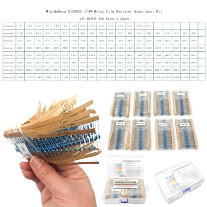 3120pcs 156 Values Metal Film Resistor Kit Minidodoca 1 Ohm-10M Ohm 1/4W 0.25 watt ±1% Tolerance Fixed Resistors Assortment Kit RoHS Compliant 100 1000 1k 10k 100k ohm Resistor Pack for DIY Projects - style: 1/4 watt-156 values-3120pcs