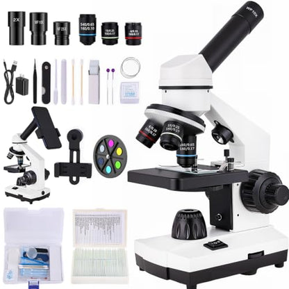 Microscope for Adults,WF10x/25x Eyepieces,40x–2000x Magnification,Up/Down LED,Comes with a Free Experiment Kit & Phone Adapter.Suitable for Students Home and School Lab
