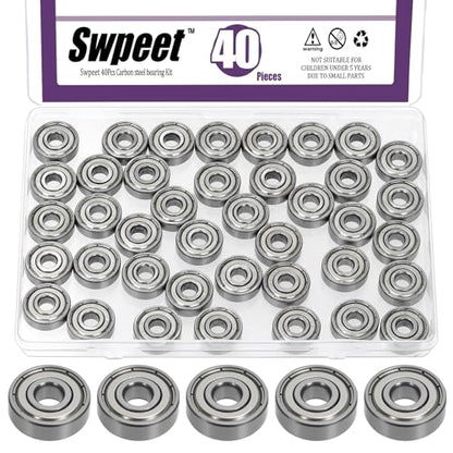 Swpeet 40Pcs 627ZZ Ball Bearings Assortment Kit, 7 x 22 x 7mm Carbon Steel Deep Groove Bearings, Miniature Bearings, Double Shielded - size: 627ZZ-40PCS, style: Carbon Steel