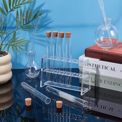 OLYCRAFT 6Pcs 20ml Plastic Test Tube with Cork Stopper 6x0.6 Inch Transparent Plastic Tubes Bottles with 6 Holes Acrylic Rack for Plants Propagation Scientific Experiments Storage
