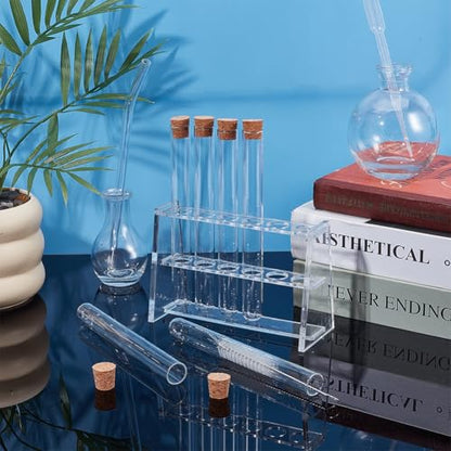 OLYCRAFT 6Pcs 20ml Plastic Test Tube with Cork Stopper 6x0.6 Inch Transparent Plastic Tubes Bottles with 6 Holes Acrylic Rack for Plants Propagation Scientific Experiments Storage