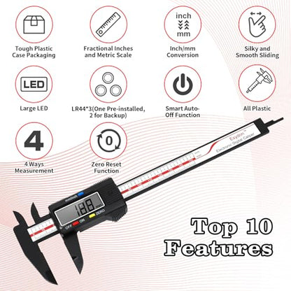 Digital Caliper, Esydon Upgraded Calipers 6 inch, Measuring Tool, Electronic Ruler, with Large LCD Screen, Auto-Off Feature, Inch and Millimeter Conversion, Plastic Case, Perfect for Household, DIY