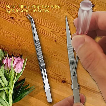 4 Pieces Diamond Tweezers Professional Jewelry Gem Tweezers Precision Tweezers Stainless Steel Pointed Tip Tweezers with Slide Locking and Gem Slot for jewelry making