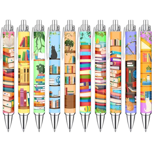 Idealmuzik Bookshelf Theme Ballpoint Pens, 10 Pack – Colorful Book & Library Design Pens with Reading and Study Icons, Smooth Writing Pens for Students, Teachers, Readers & Office Use - color: Bookshelf