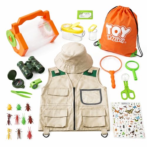 TOY Life Kids Explorer Bug Catcher Kit with Safari Costume, Binoculars Kids Outdoor Toys, Bug Toys, Butterfly Net, Camping Set Outdoor Activities Adventure Kit Nature Exploration Gifts Kid Ages 3-12 - style: 25 PCS Dress-Up Explorer Set - Orange