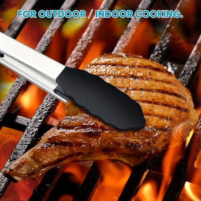 17 & 12 Inch Extra Long Kitchen Tongs for Cooking with Silicone Tip, Black - color: 12" +17"-Black