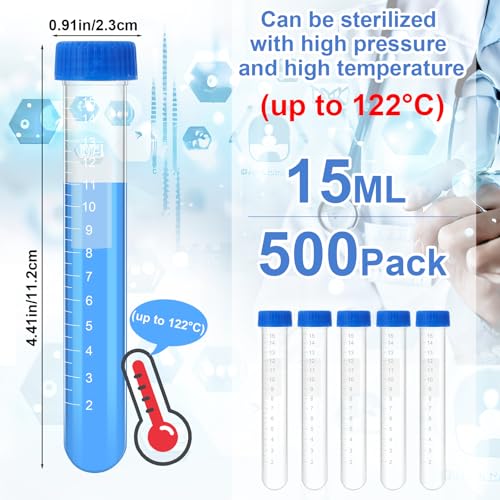 Konohan 500 Pcs 15 ml Centrifuge Tubes Sterile Plastic Test Tubes with Screw Caps Polypropylene Vial Container with Graduated Marks and Round Bottom for Laboratory Blue